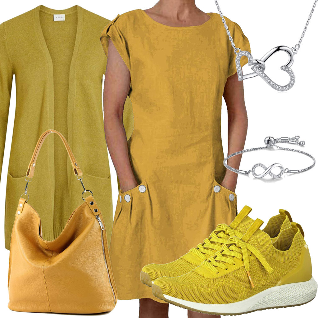 Gelbes Frauenoutfit mit Kleid, Strickjacke und Tasche