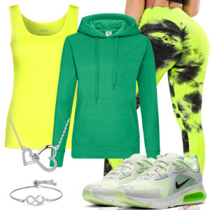 Sportliches Frauenoutfit in Neongelb und Grün