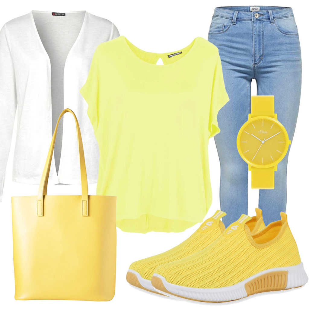 Frühlings-Frauenoutfit mit gelber Bluse und Uhr