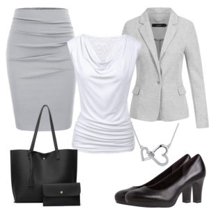 Business-Damenoutfit mit grauem Blazer und Rock