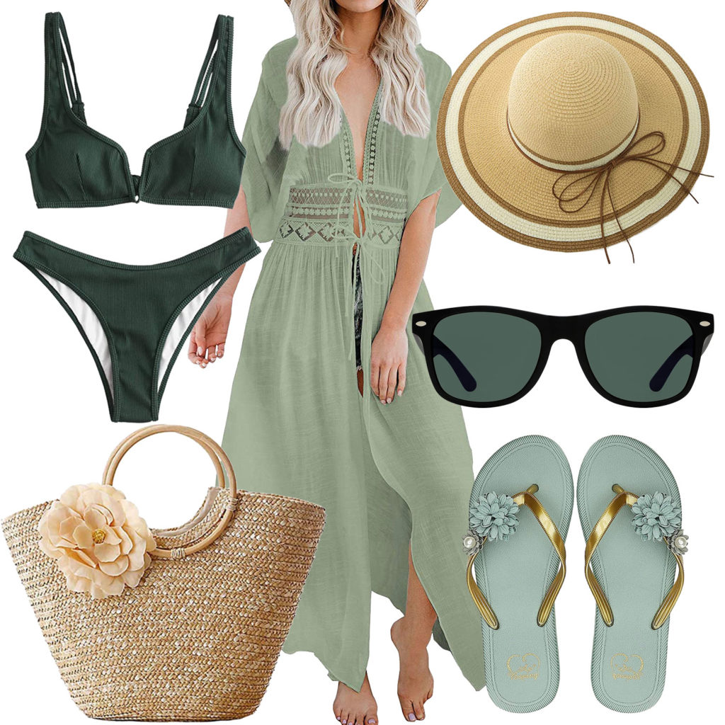 Grünes Sommer-Damenoutfit mit Strandkleid