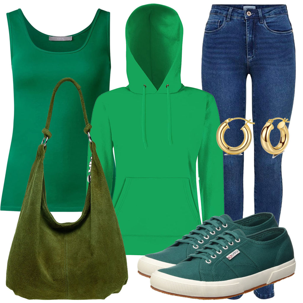 Grünes Frauenoutfit mit Hoodie und Top