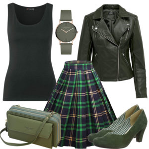Grün-Schwarzes Frauenoutfit mit Lederjacke und Rock