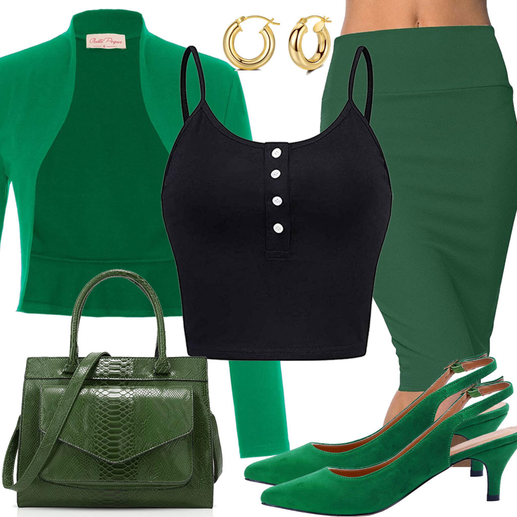Elegantes Frauenoutfit mit grünem Blazer und Rock