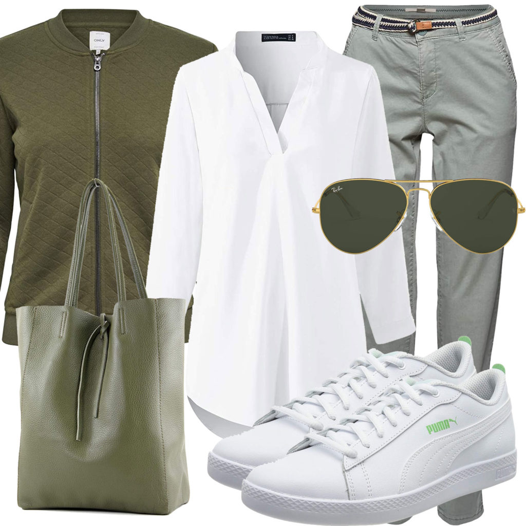Weiß-Grünes Frauenoutfit mit Bluse und Jacke