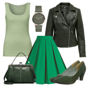 Grünes Damenoutfit mit Rock, Top und Lederjacke