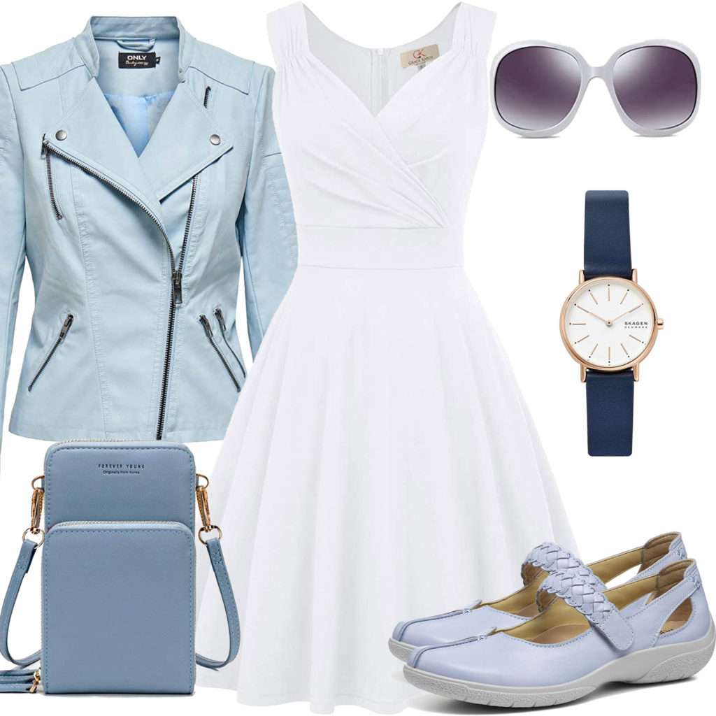 Sommer-Style mit weißem Kleid und Lederjacke