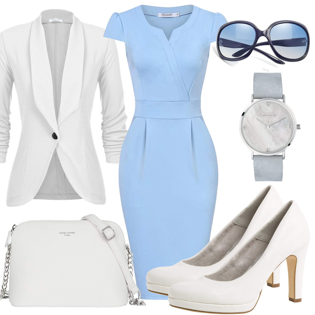 Business-Frauenoutfit mit hellblauem Kleid und Brille