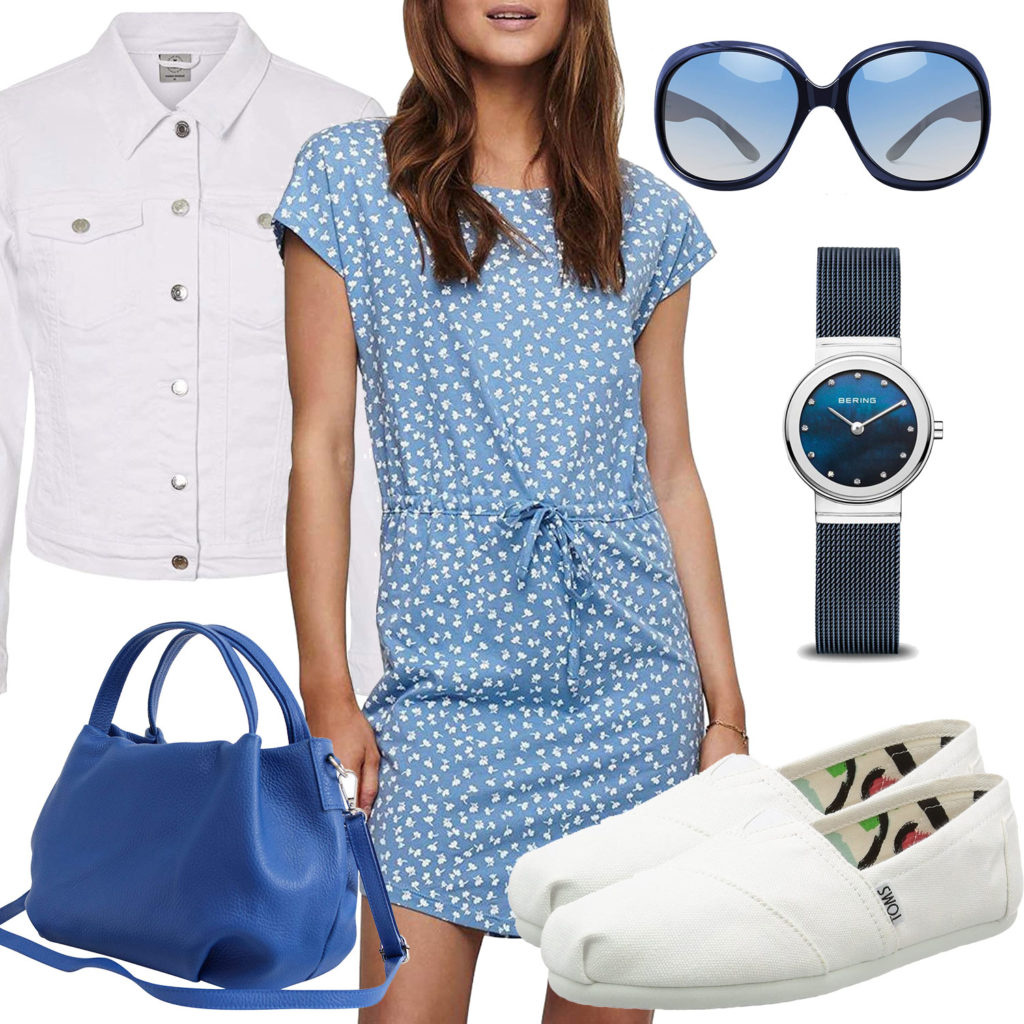 Sommer-Damenoutfit mit hellblauem Kleid und Sonnenbrille
