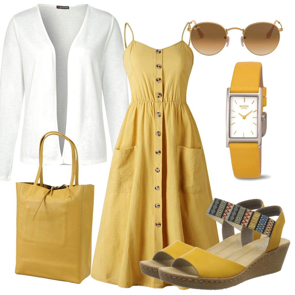 Gelbes Frühlings-Frauenoutfit mit weißer Strickjacke