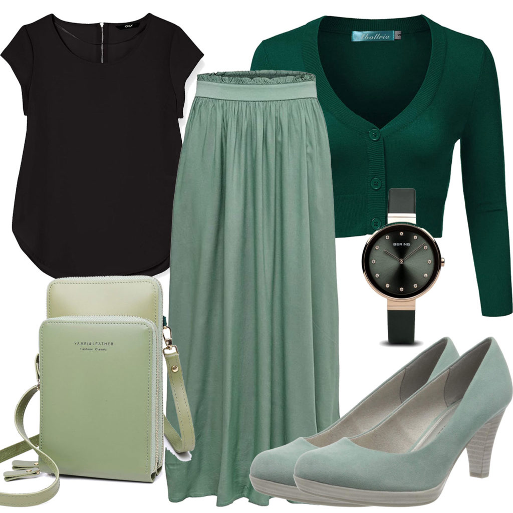 Damenoutfit mit grünem Rock, Strickjacke und Pumps