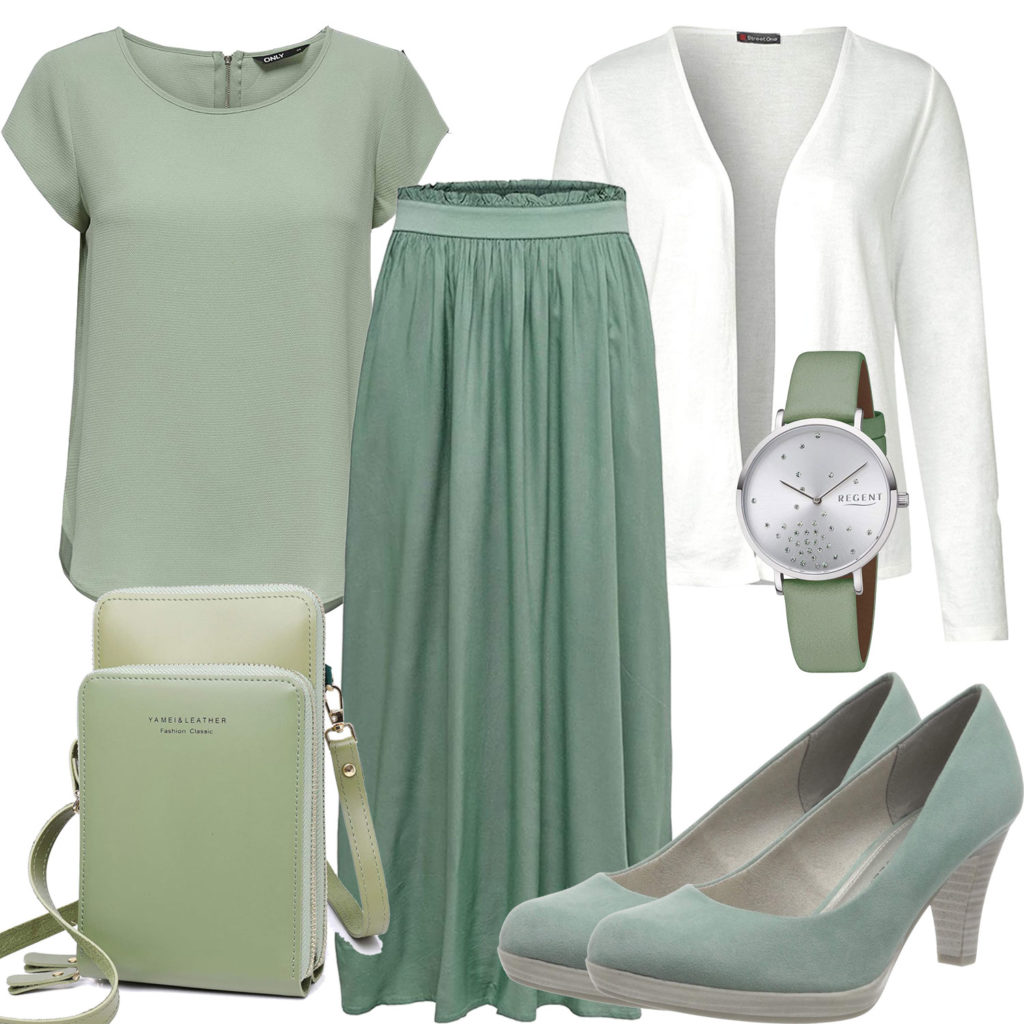 Hellgrünes Frauenoutfit mit weißer Strickjacke
