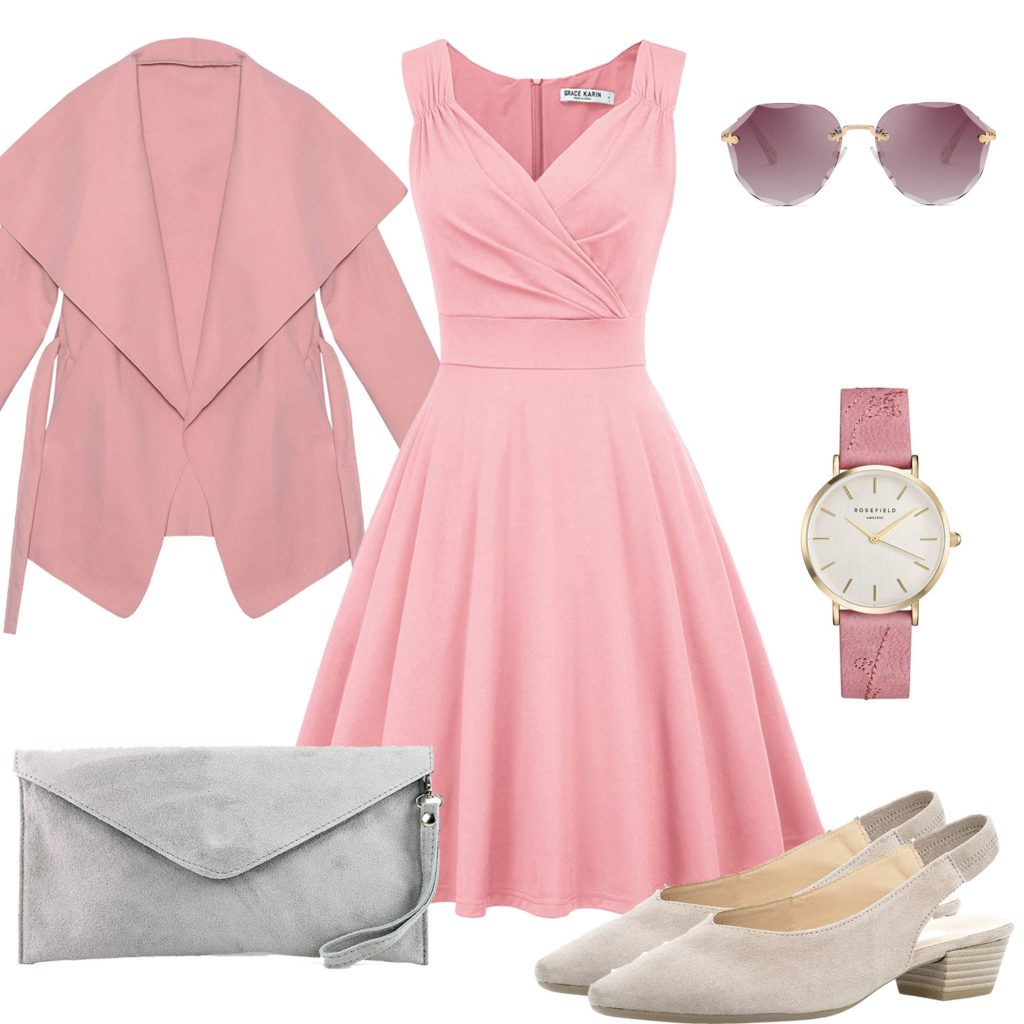 Rosa Frauenoutfit mit Kleid, Brille und Uhr