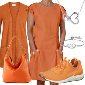 Oranges Frauenoutfit mit Kleid, Strickjacke und Sneakern