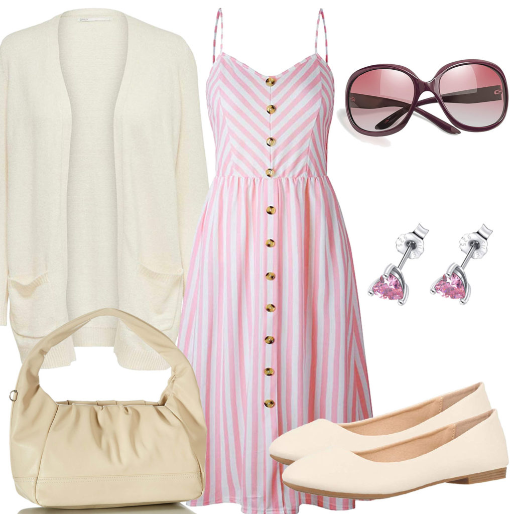 Beiges Sommer-Frauenoutfit mit rosa Kleid und Ohrringen