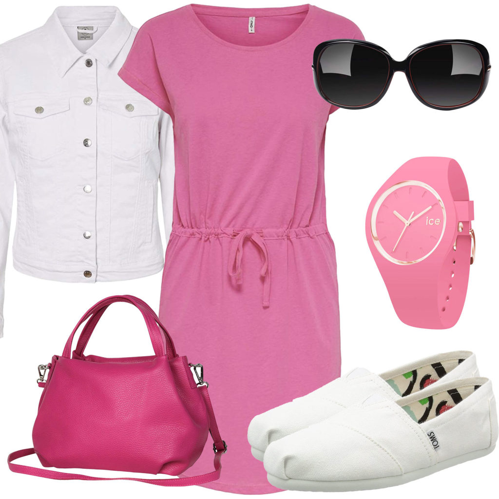 Pink-Weißes Frauenoutfit mit Kleid und Jeansjacke