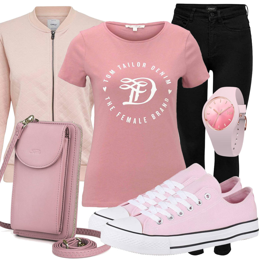 Rosa Frauenoutfit mit Shirt, Sneakern und Uhr