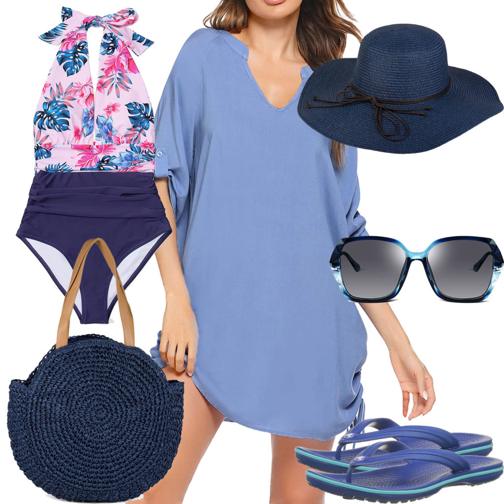 Blaues Sommer-Damenoutfit mit Kleid und Hut