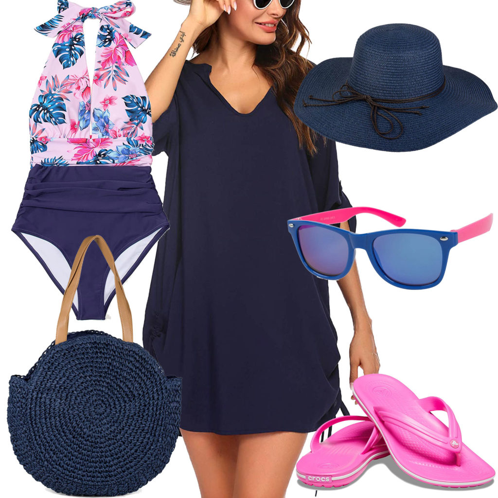 Pink-Blaues Frauenoutfit mit Kleid und Hut