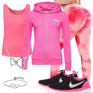 Sportliches Frauenoutfit mit pinker Leggings und Hoodie