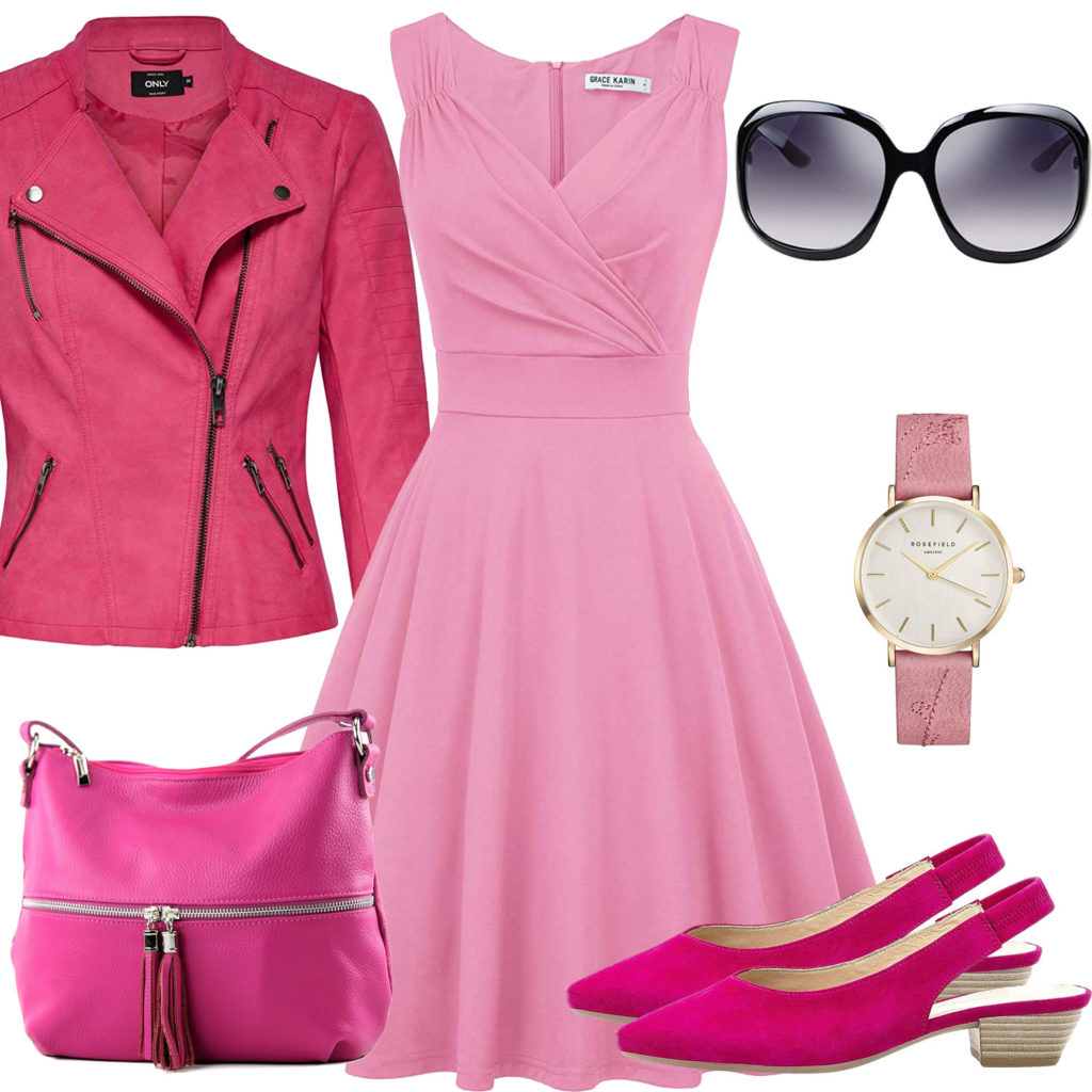 Pinkes Frauenoutfit mit Kleid, Lederjacke und Uhr