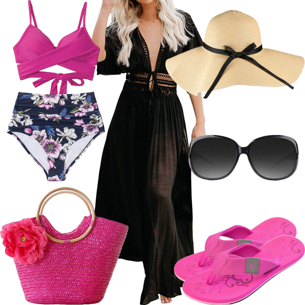 Pink-Schwarzes Sommer-Damenoutfit mit Kleid