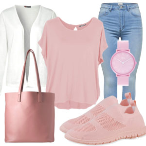 Rosa Damenoutfit mit Bluse, Uhr und Shopper