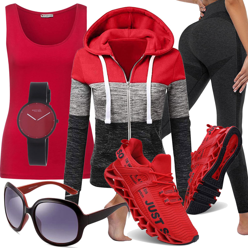 Schwarz-Rotes Frauenoutfit mit Hoodie und Leggings