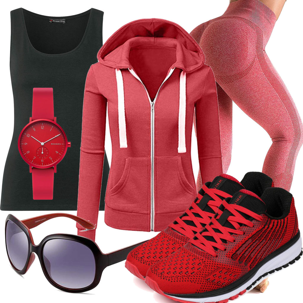 Sportliches Damenoutfit in Rot und Schwarz