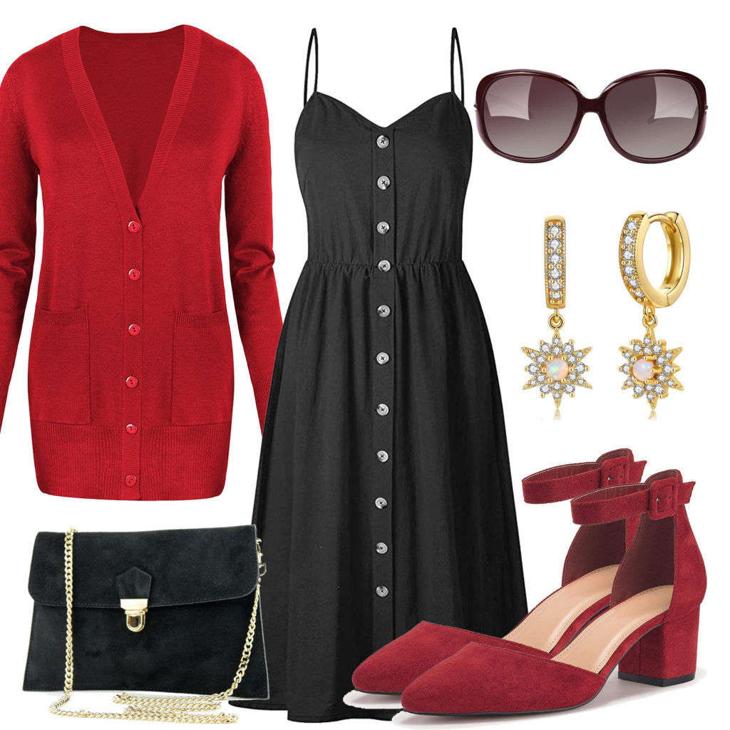 Schwarz-Rotes Frauenoutfit mit Clutch und Ohrringen