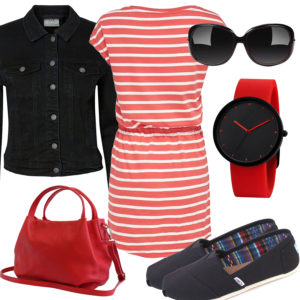 Schwarz-Rotes Frauenoutfit mit Kleid und Uhr