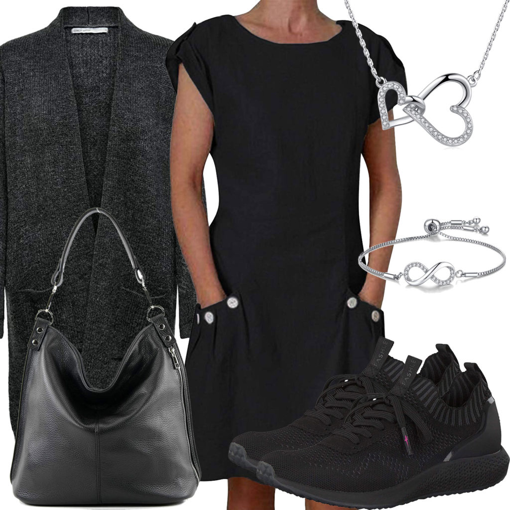 Schwarzes Frauenoutfit mit Kleid und Strickjacke