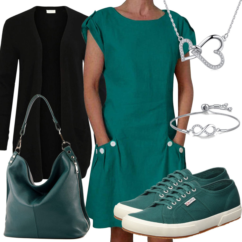 Smaragdgrünes Damenoutfit mit Kleid, Sneakern und Tasche