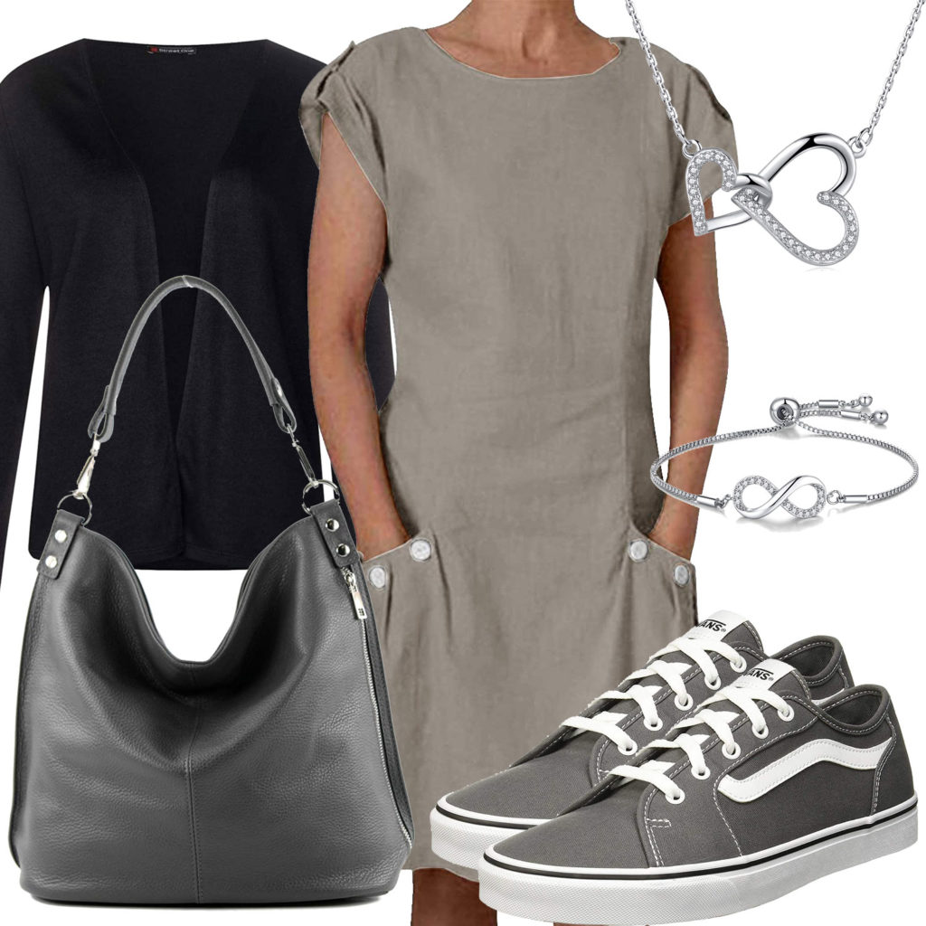 Grau-Beiges Frauenoutfit mit Strickjacke und Kleid
