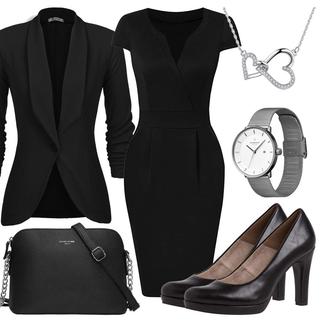 Schwarzes Business-Frauenoutfit mit Kleid und Blazer