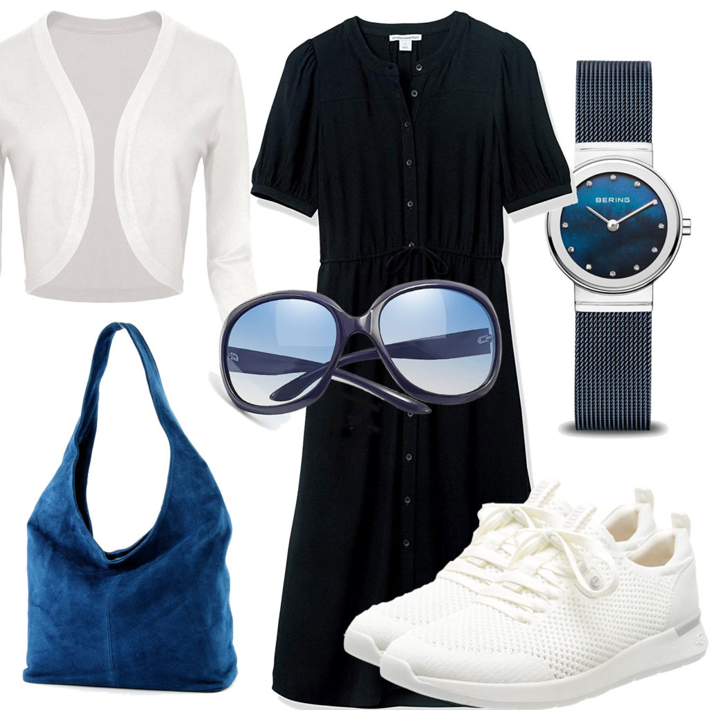 Blau-Weißes Frauenoutfit mit Kleid und Brille
