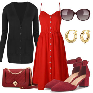 Rotes Frühlings-Frauenoutfit mit schwarzer Strickjacke