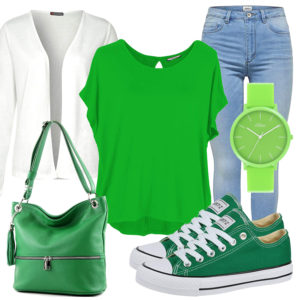 Grün-Weißes Frauenoutfit mit Bluse und Strickjacke