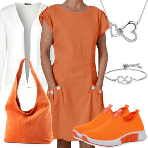 Oranges Damenoutfit mit Kleid und Sneakern
