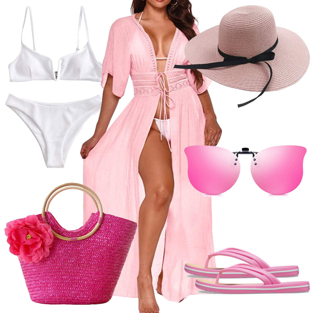 Rosa-Weißes Damenoutfit mit Bikini und Strandkleid