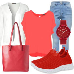 Rotes Frauenoutfit mit Bluse, Tasche und Sneakern