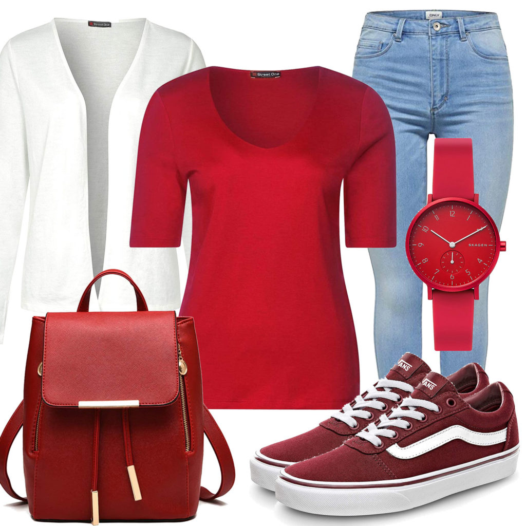 Rotes Frauenoutfit mit Uhr, Rucksack und Sneakern