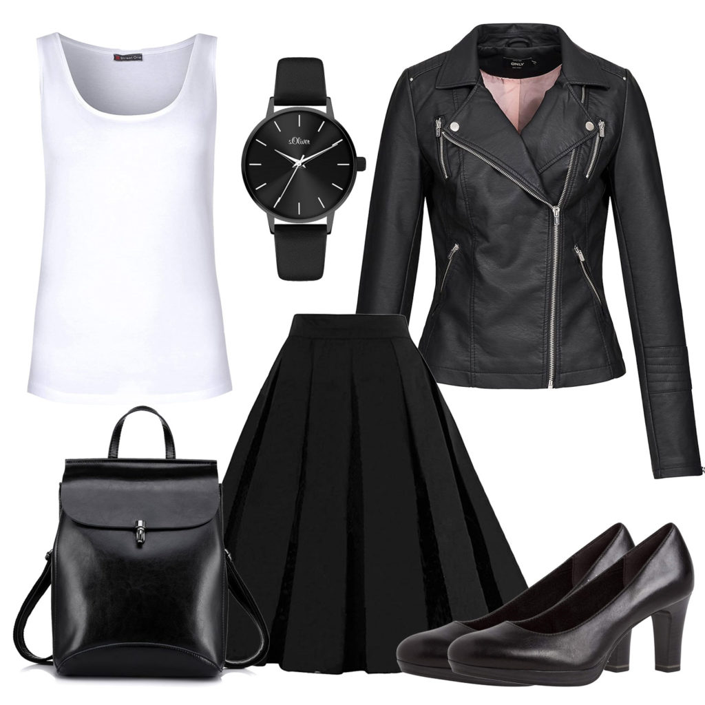 Schwarzes Frauenoutfit mit Lederjacke, Rock und Pumps