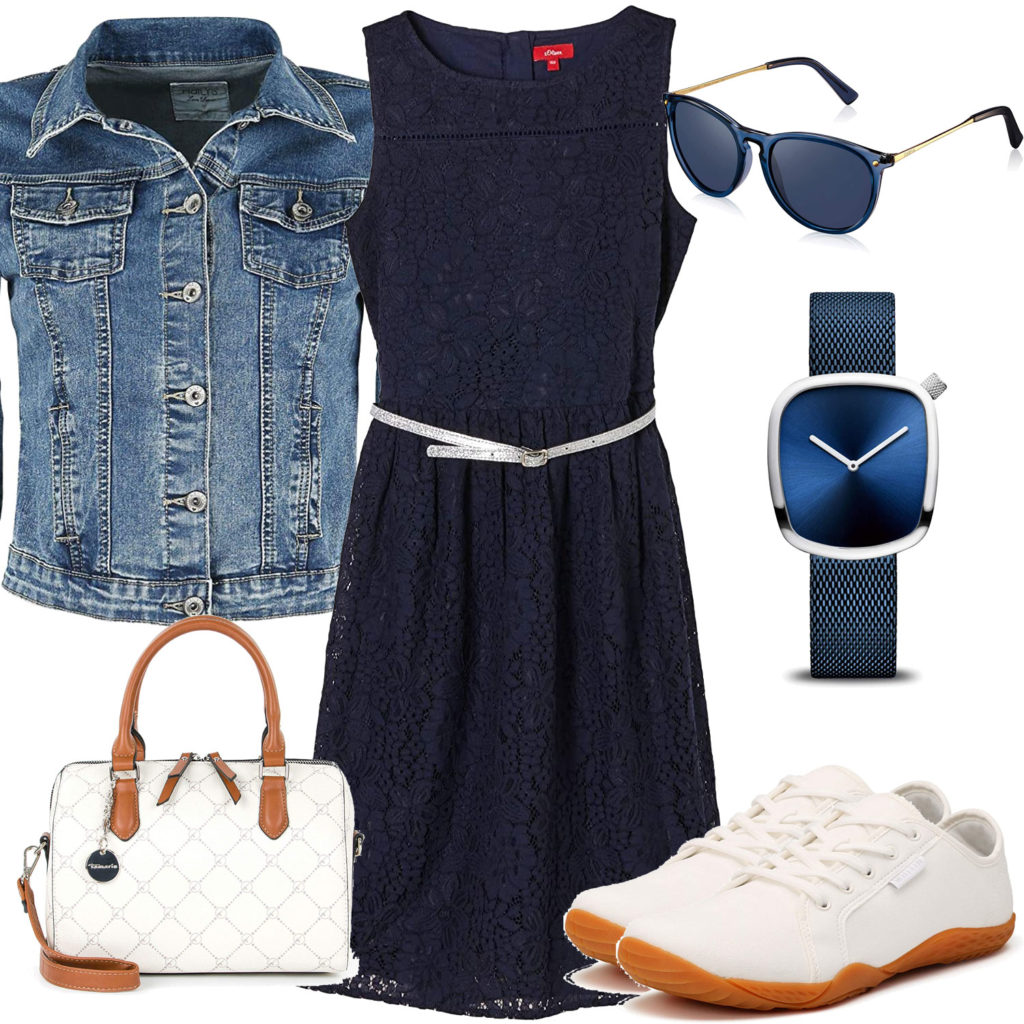 Sommer-Damenoutfit mit weißer Handtasche und Sneakern
