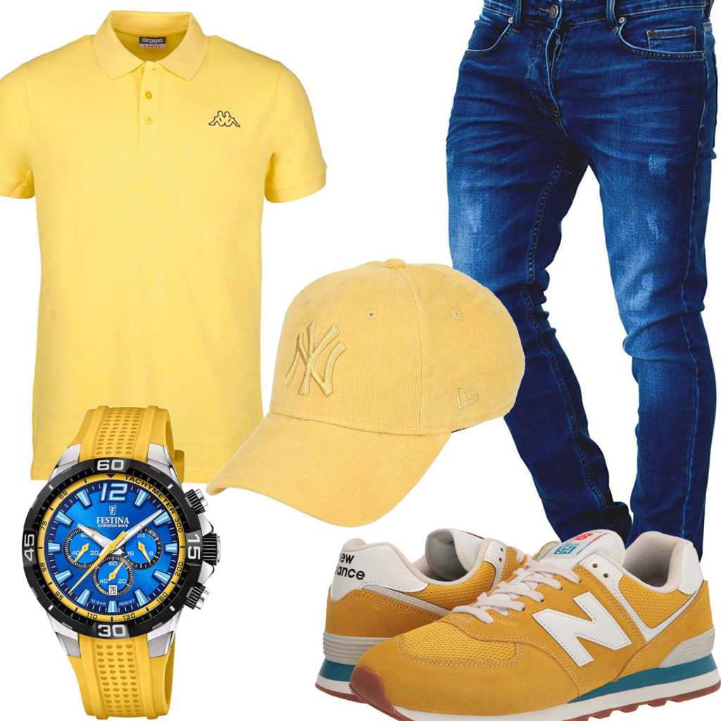 Gelb-Blaues Herrenoutfit mit Poloshirt und Uhr