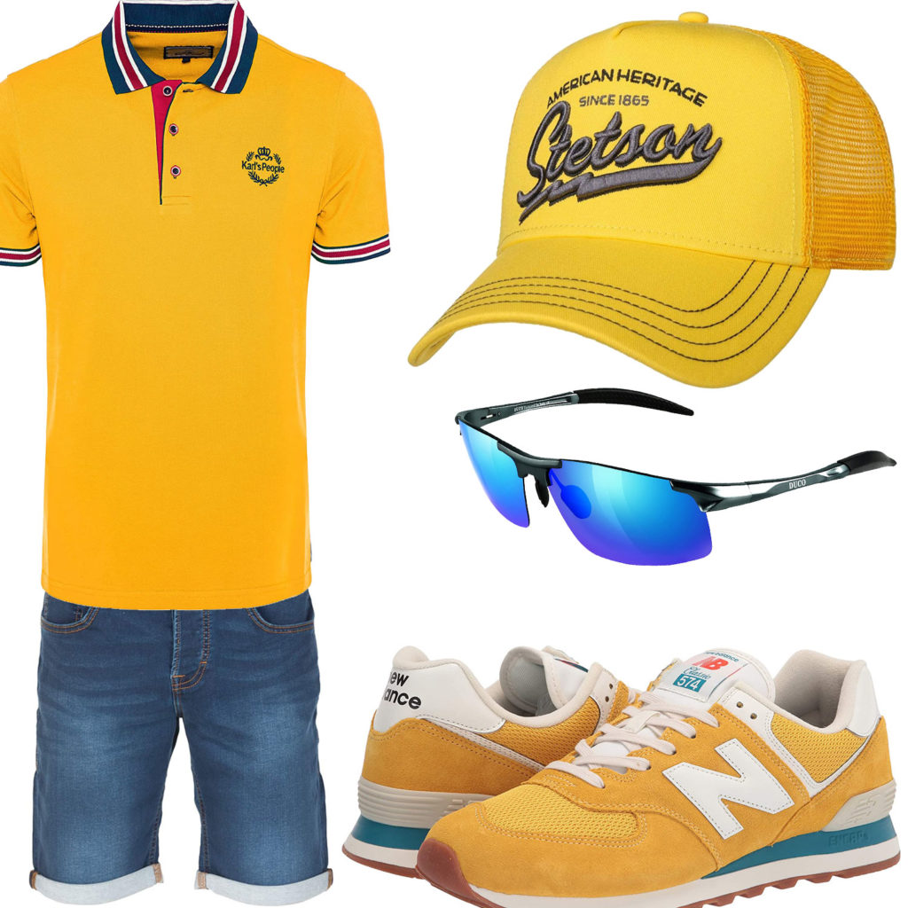 Blau-Gelbes Herrenoutfit mit Poloshirt, Sneaker und Cap