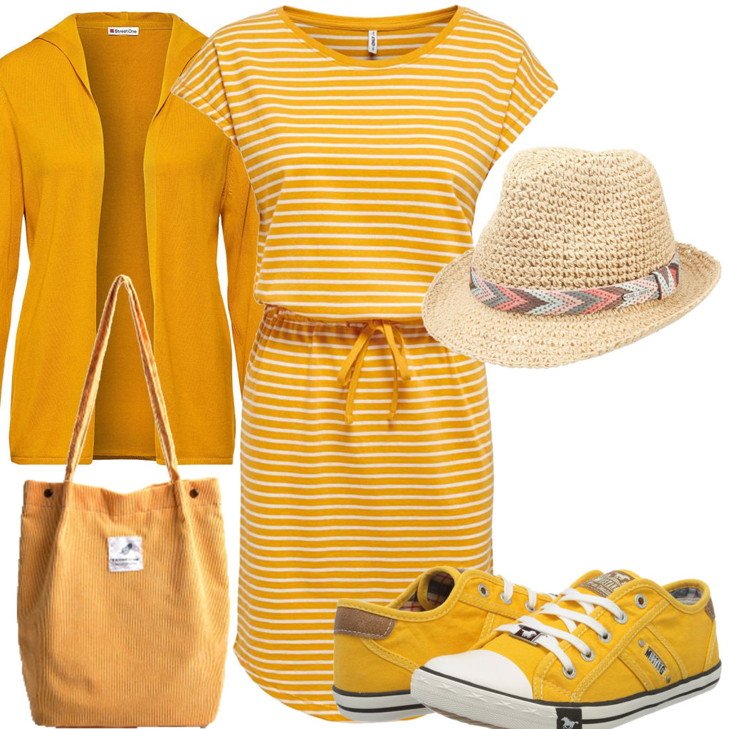 Gelbes Frauenoutfit mit Kleid und Strickjacke