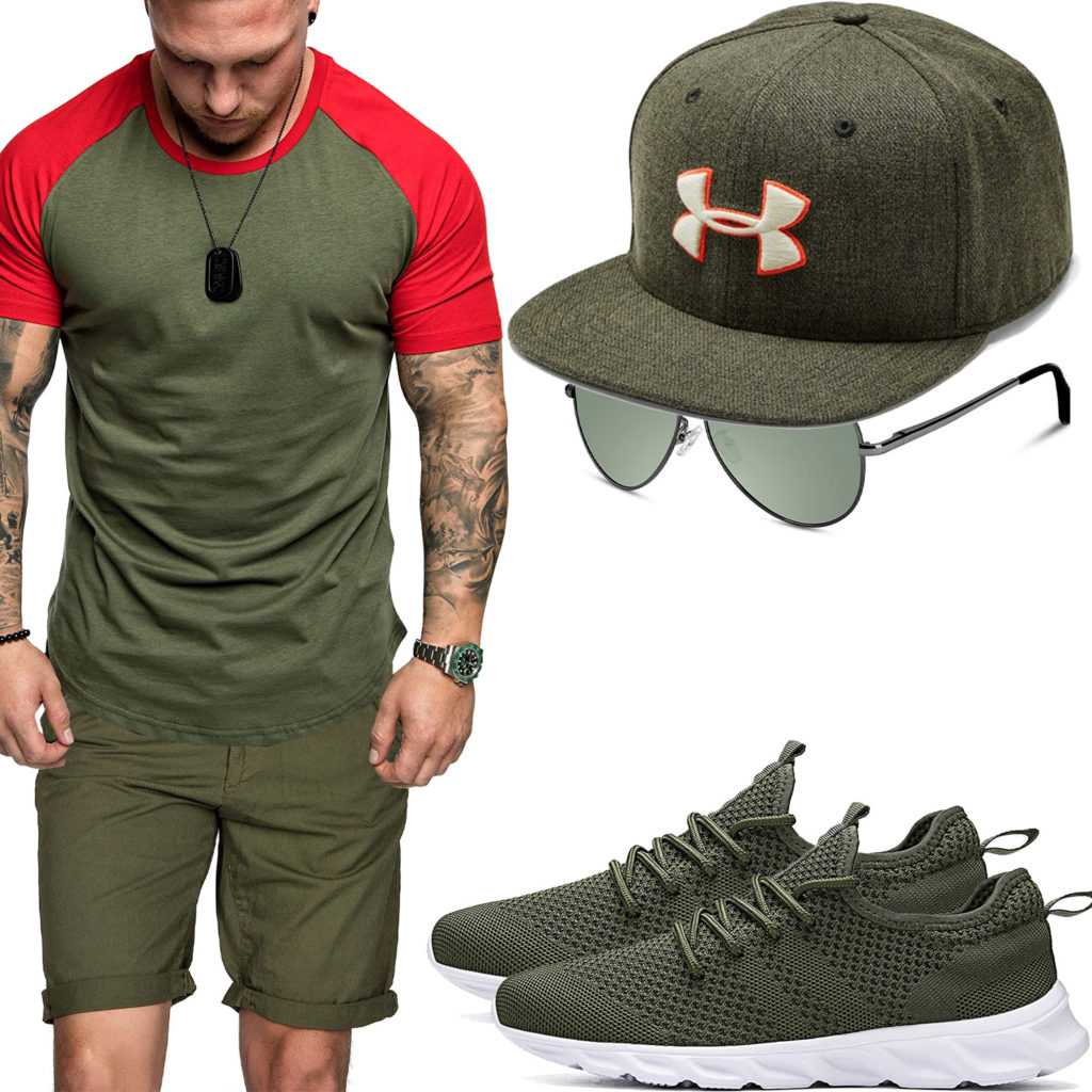 Grünes Herrenoutfit mit Shirt, Cap und Sneakern