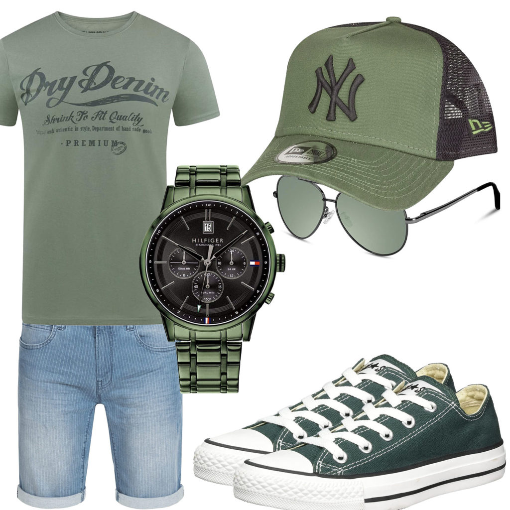Grünes Herrenoutfit mit Cap, Sneakern und Uhr