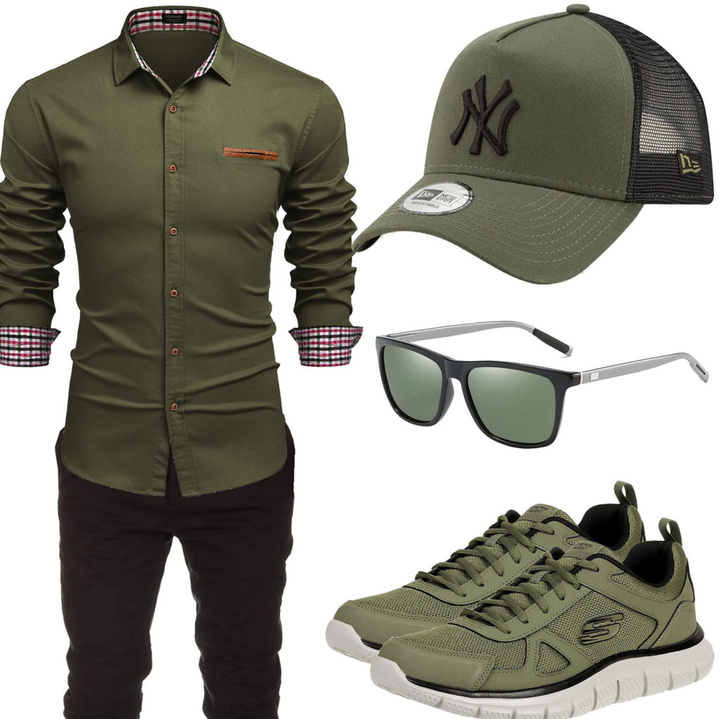 Grün-Schwarzes Herrenoutfit mit Hemd, Cap und Chino